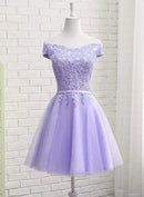 Elegant off-shoulder short sleeve A-line party dress in blue.