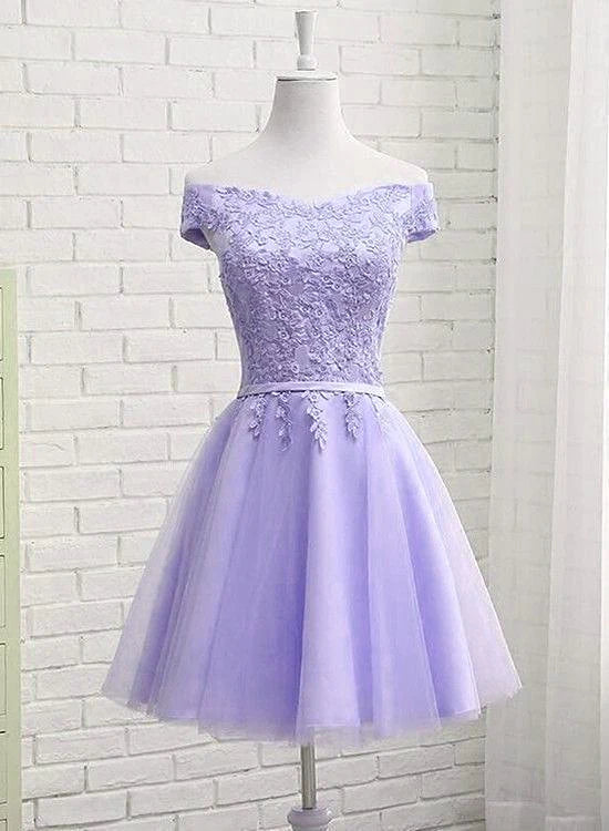 Elegant off-shoulder short sleeve A-line party dress in blue.