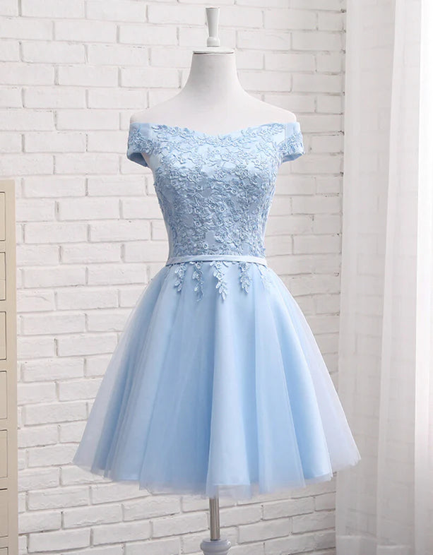 Chic off-shoulder short sleeve A-line homecoming dress in pink.