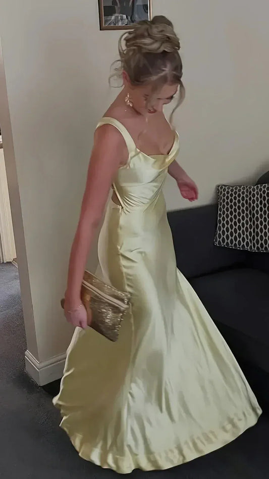 Elegant Pale Yellow Cowl Neck Wide Strap Satin Mermaid Prom Dress.