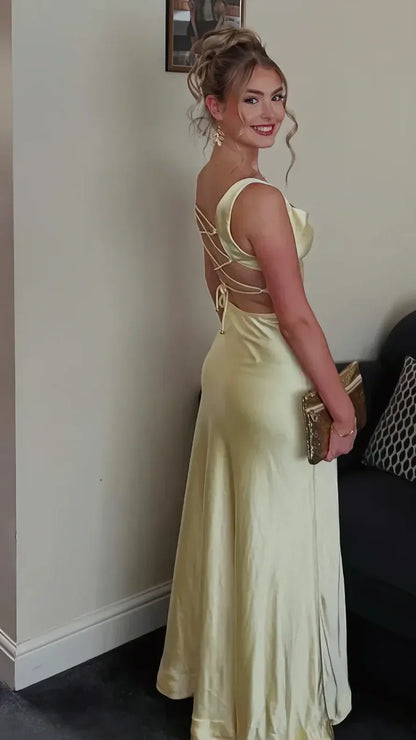 Elegant Pale Yellow Cowl Neck Wide Strap Satin Mermaid Prom Dress.