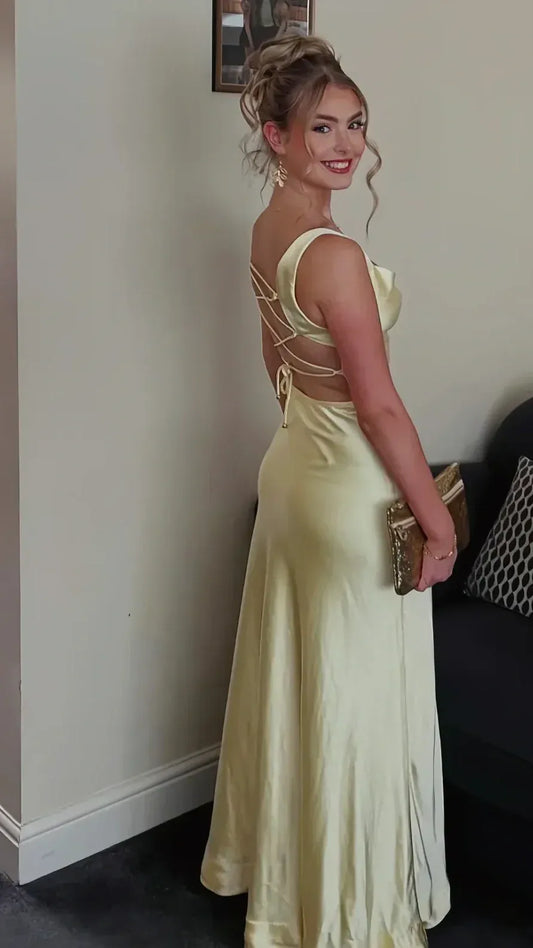 Elegant Pale Yellow Cowl Neck Wide Strap Satin Mermaid Prom Dress.