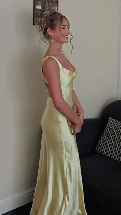 Elegant Pale Yellow Cowl Neck Wide Strap Satin Mermaid Prom Dress.