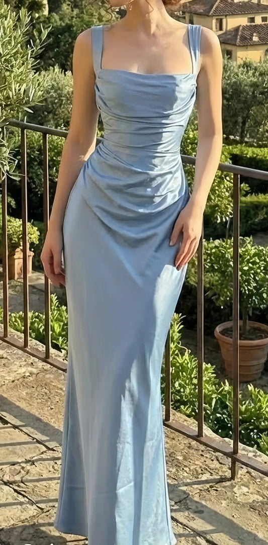 Elegant Ruched Mermaid Square Neck Dusty Blue Floor-Length Prom Dress.