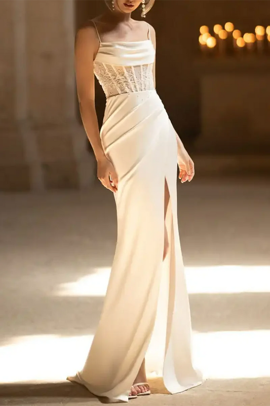 Elegant Sheath Cowl-Neck Spaghetti-Strap Corset-Back Train-Length Wedding Dress