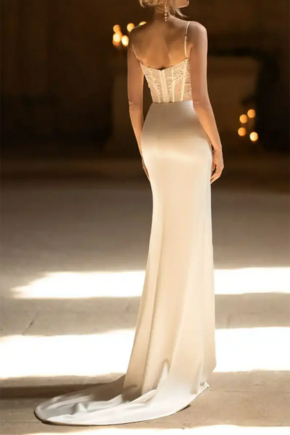 Elegant Sheath Cowl-Neck Spaghetti-Strap Corset-Back Train-Length Wedding Dress