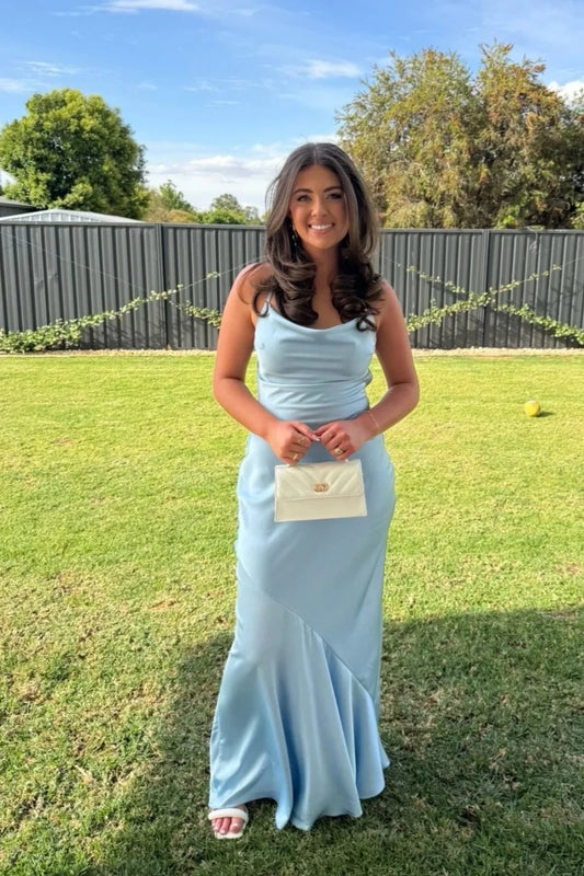 Elegant Sheath Cowl Neck Spaghetti Straps Tie Back Floor-Length Light Blue Satin Evening Dresses