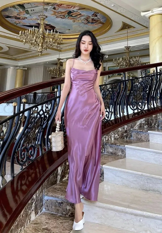 Elegant Sheath Cowl-neck Spaghetti-strap Draped Lavender Floor-length Prom Dress.