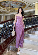 Elegant Sheath Cowl-neck Spaghetti-strap Solid-back Floor-length Prom Dress