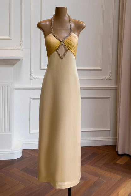 Elegant Sheath Halter Neck Sleeveless Tie Back Midi Length Champagne Satin Evening Dresses