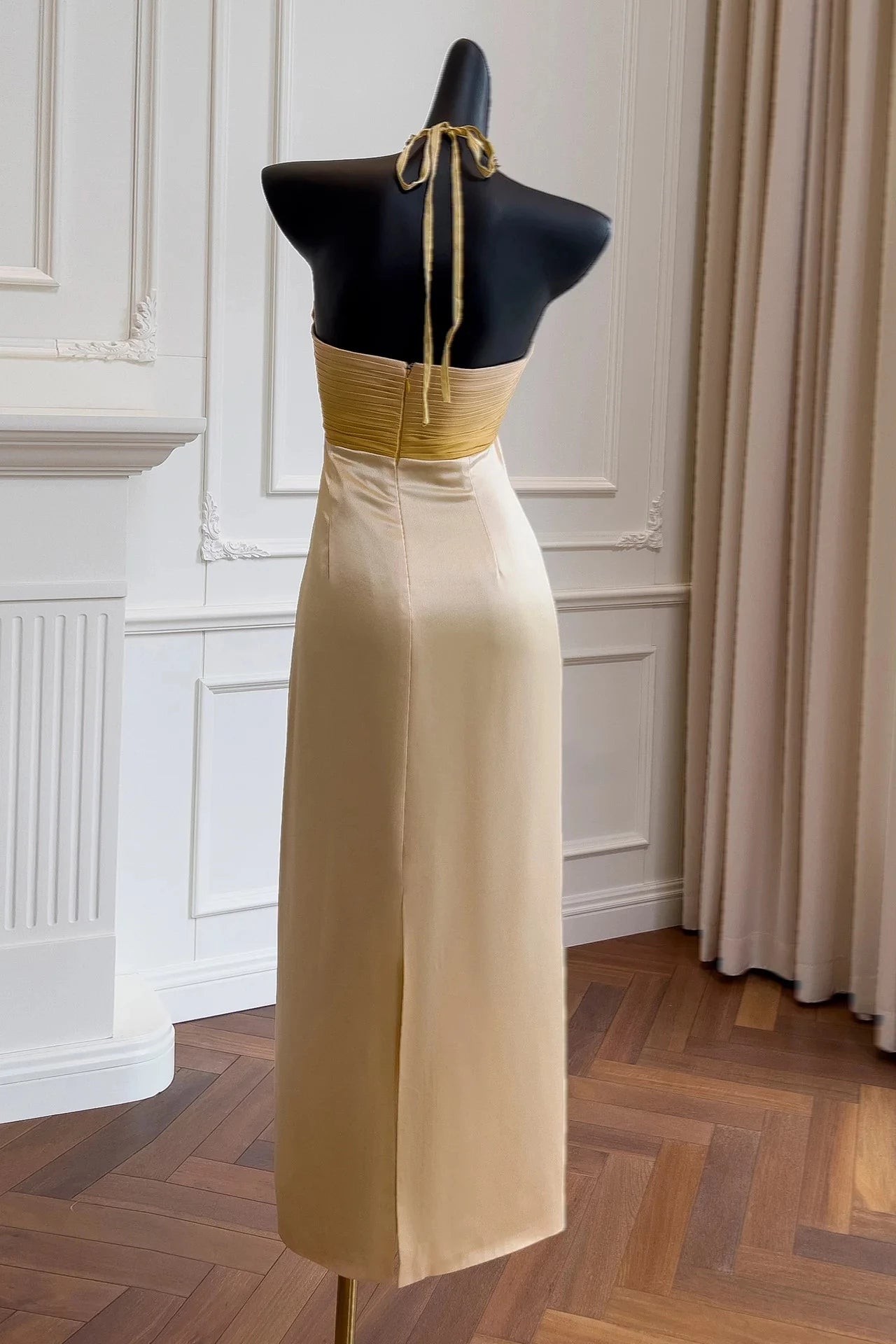 Elegant Sheath Halter Neck Sleeveless Tie Back Midi Length Champagne Satin Evening Dresses
