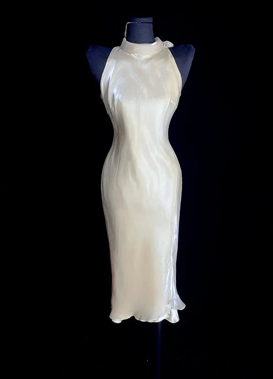 Elegant Sheath Halter Tie-Back Ruffled Champagne Midi Prom Dress.