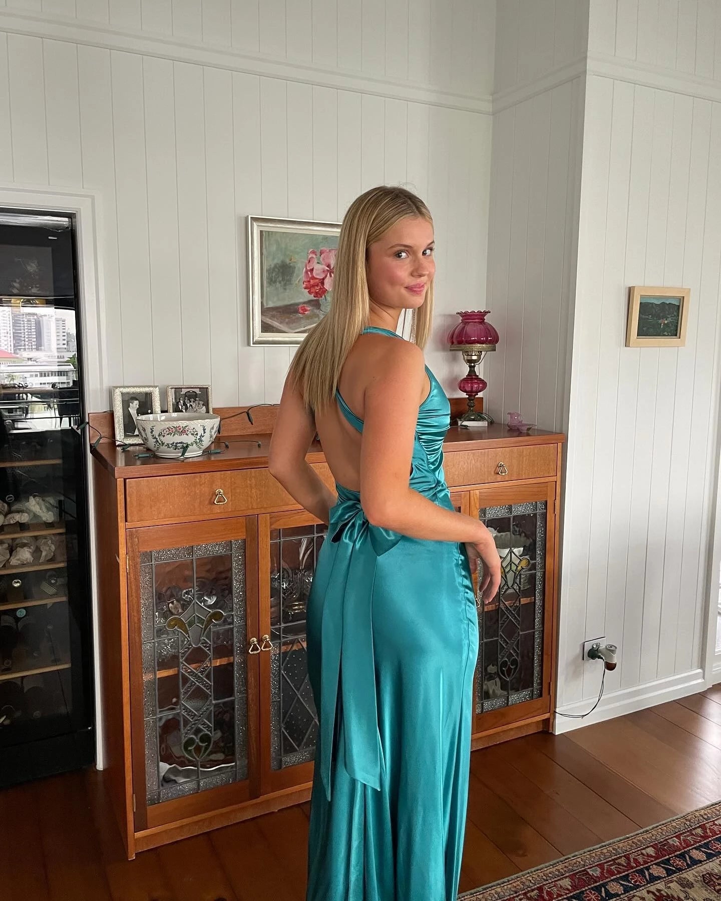Elegant Sheath Halter V-neck Twist Front Open Back Bow Floor-length Evening Prom Dress