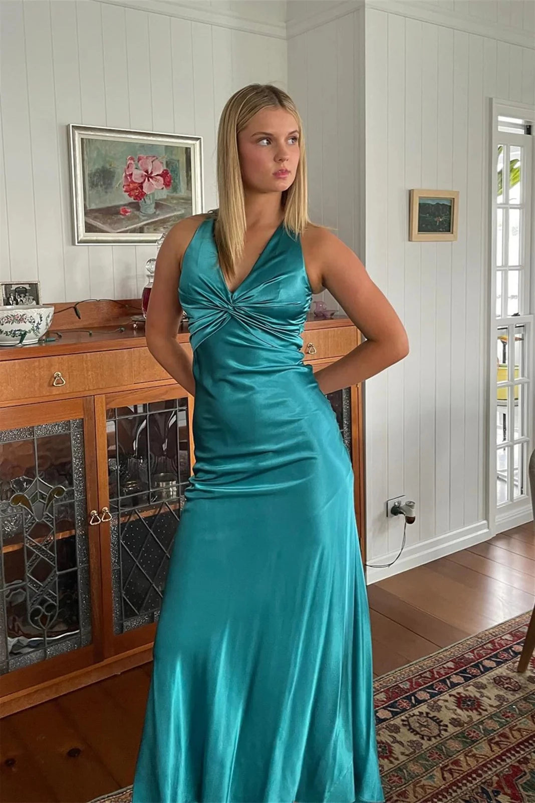 Elegant Sheath Halter V-neck Twist Front Open Back Bow Floor-length Evening Prom Dress