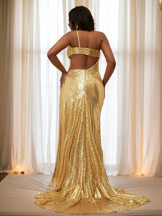 Elegant Sheath One-Shoulder Sequined Slit Prom Dress Pure Color Court Train Plus Size.