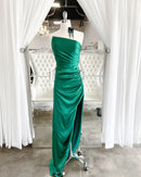 Elegant Sheath One Shoulder Sleeveless Open Back Floor-Length Emerald Satin Evening Dresses