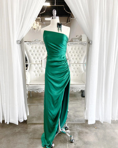 Elegant Sheath One Shoulder Sleeveless Open Back Floor-Length Emerald Satin Evening Dresses