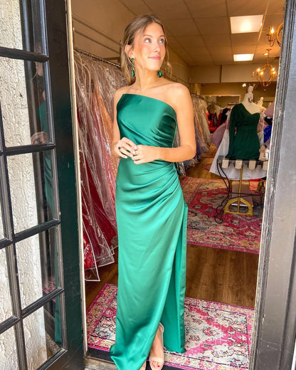 Elegant Sheath One Shoulder Sleeveless Open Back Floor-Length Emerald Satin Evening Dresses