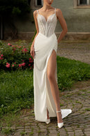 Elegant Sheath Plunge-V-Neck Spaghetti-Strap Crisscross-Back Train-Length Wedding Dress