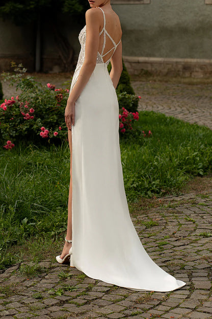 Elegant Sheath Plunge-V-Neck Spaghetti-Strap Crisscross-Back Train-Length Wedding Dress