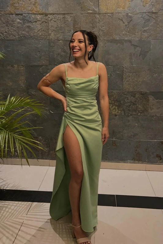 Elegant Sheath Square Neck Spaghetti Straps Lace Up Back Floor-Length Sage Green Satin Evening Dresses