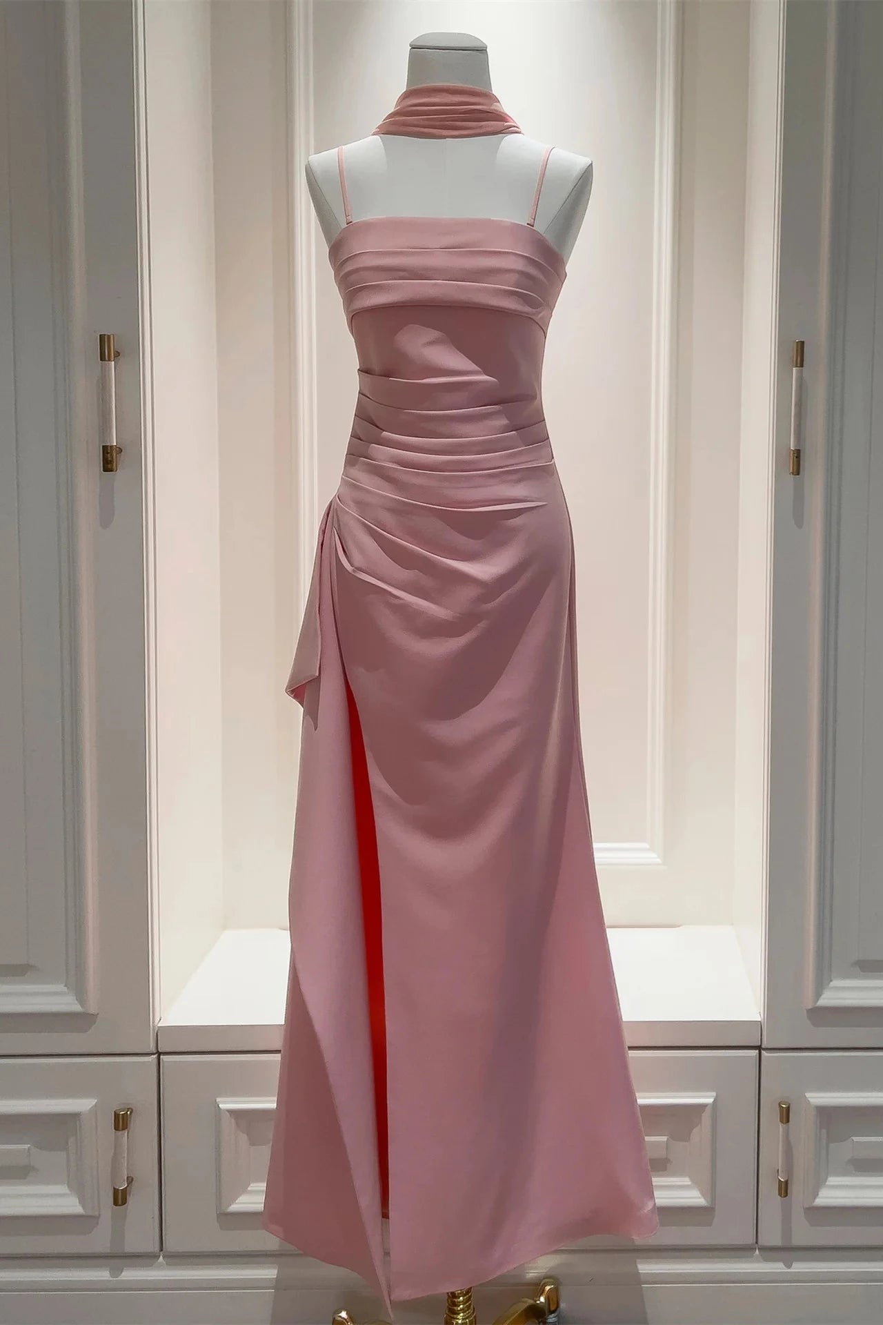 Elegant Sheath Square Neck Spaghetti Straps Open Back Floor-Length Blush Pink Satin Evening Dresses