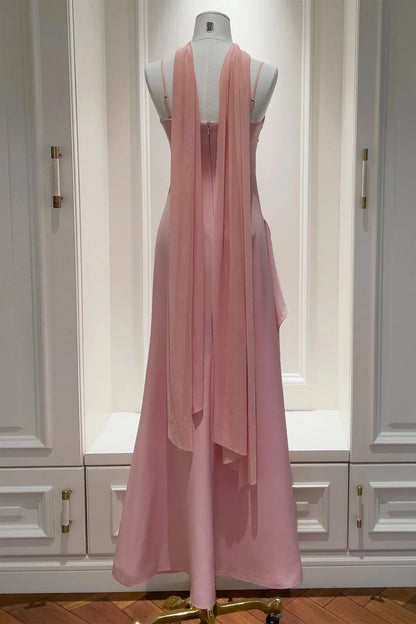 Elegant Sheath Square Neck Spaghetti Straps Open Back Floor-Length Blush Pink Satin Evening Dresses