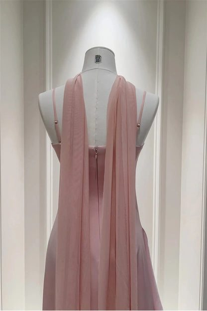 Elegant Sheath Square Neck Spaghetti Straps Open Back Floor-Length Blush Pink Satin Evening Dresses