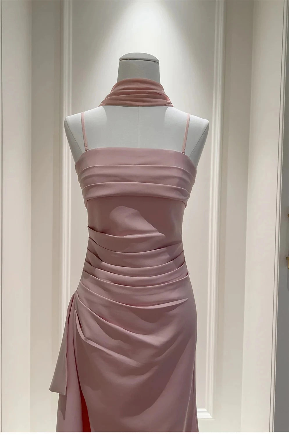 Elegant Sheath Square Neck Spaghetti Straps Open Back Floor-Length Blush Pink Satin Evening Dresses
