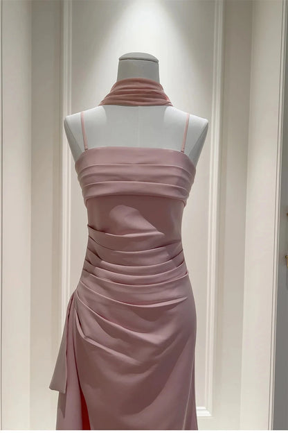 Elegant Sheath Square Neck Spaghetti Straps Open Back Floor-Length Blush Pink Satin Evening Dresses