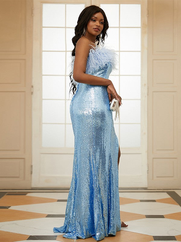 Back view of the elegant plus size sheath prom dress with a sweep train.