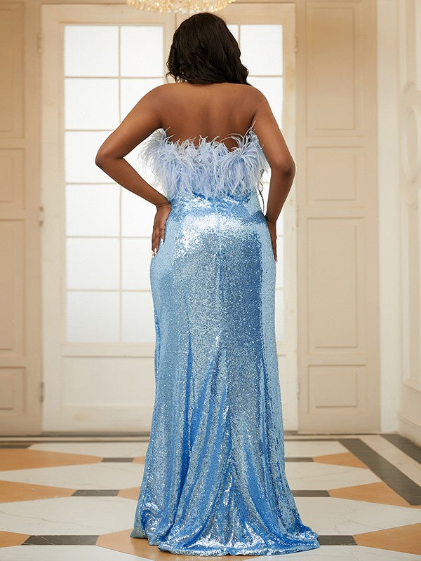 Side view of the plus size sequined prom dress, highlighting the slit.