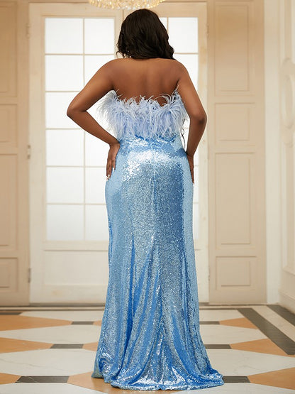 Side view of the plus size sequined prom dress, highlighting the slit.
