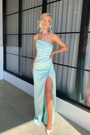 Elegant Sheath Strapless Sweetheart Sleeveless Open Back Floor-Length Light Blue Satin Evening Dresses