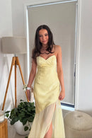 Elegant Sheath Sweetheart Spaghetti Straps Tie Back Maxi Length Pale Yellow Satin Evening Dresses