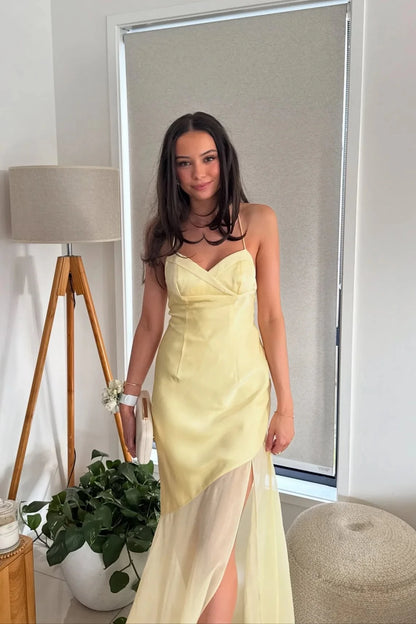Elegant Sheath Sweetheart Spaghetti Straps Tie Back Maxi Length Pale Yellow Satin Evening Dresses