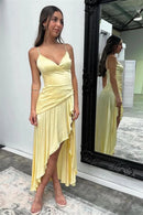 Elegant Sheath V-Neck Spaghetti-Strap Open-Back High-Low Ruffle Evening Dress