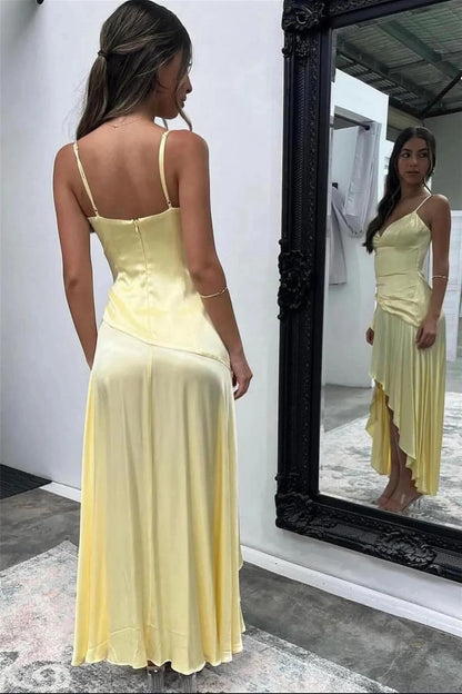 Elegant Sheath V-Neck Spaghetti-Strap Open-Back High-Low Ruffle Evening Dress