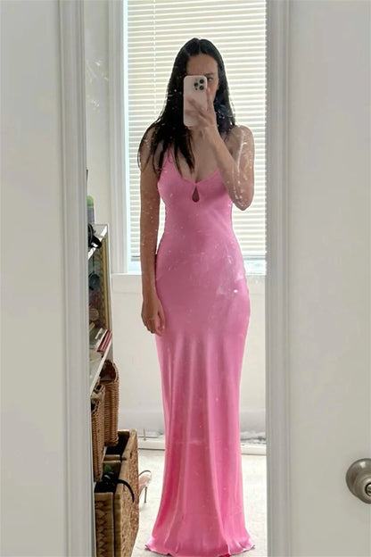 Elegant Sheath V-neck Spaghetti Straps Open Back Floor-length Evening Party Dress