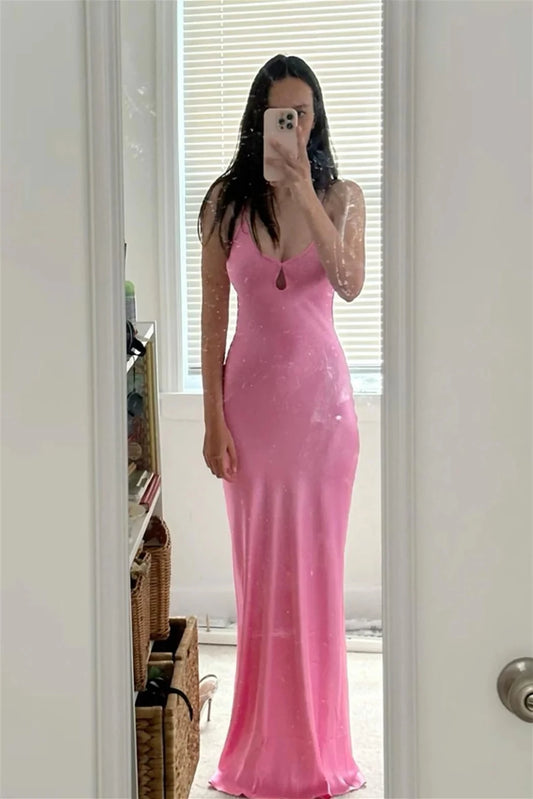 Elegant Sheath V-neck Spaghetti Straps Open Back Floor-length Evening Party Dress