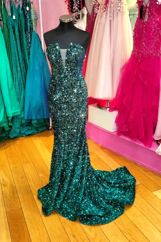 Elegant Shimmering Teal Strapless Sweetheart Sequin Mermaid Prom Gown.