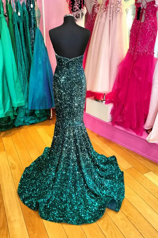 Elegant Shimmering Teal Strapless Sweetheart Sequin Mermaid Prom Gown.