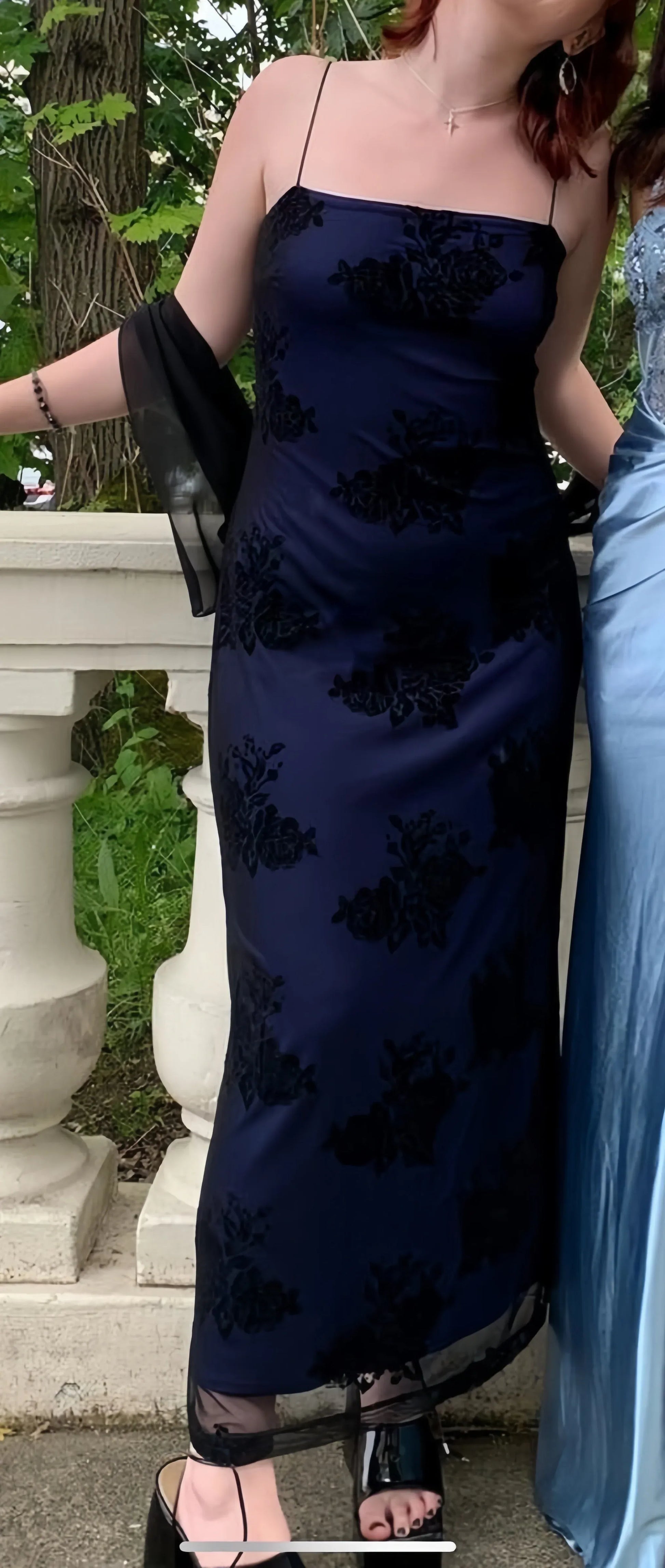 Elegant Slim Column Square Neck Spaghetti Strap Navy Midi Prom Dress.