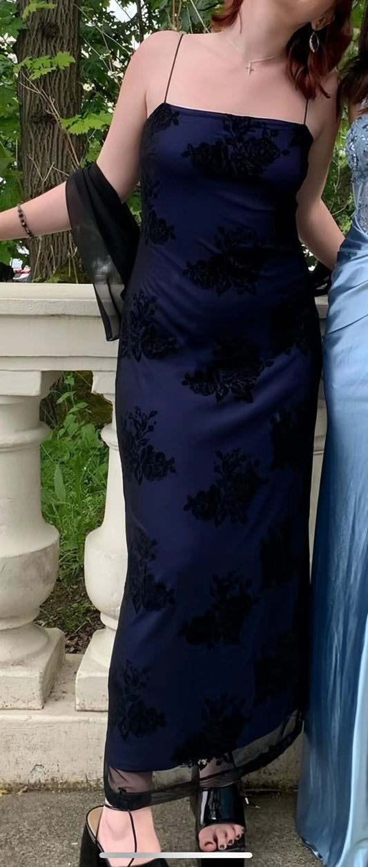 Elegant Slim Column Square Neck Spaghetti Strap Navy Midi Prom Dress.