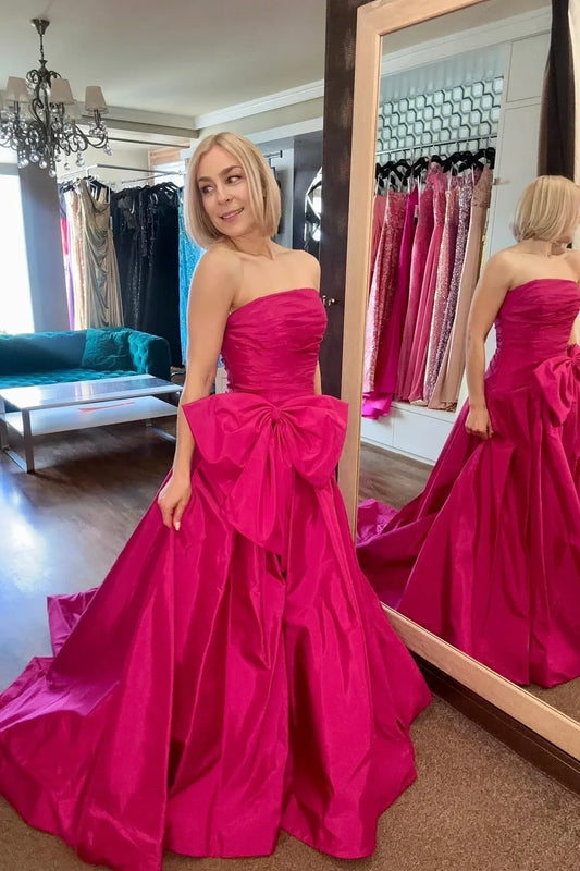 Elegant Strapless A-Line Taffeta Fuchsia Prom Dress with Large Bow.