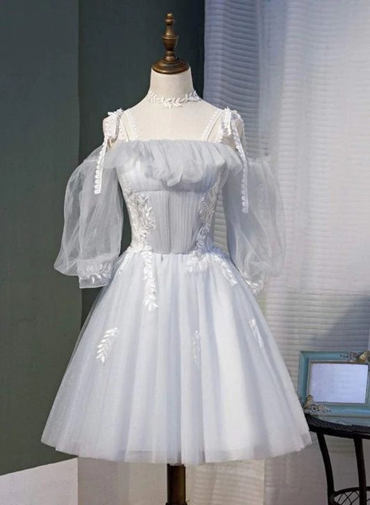 Elegant Strappy Tulle A-Line Short Grey Homecoming Party Dress.