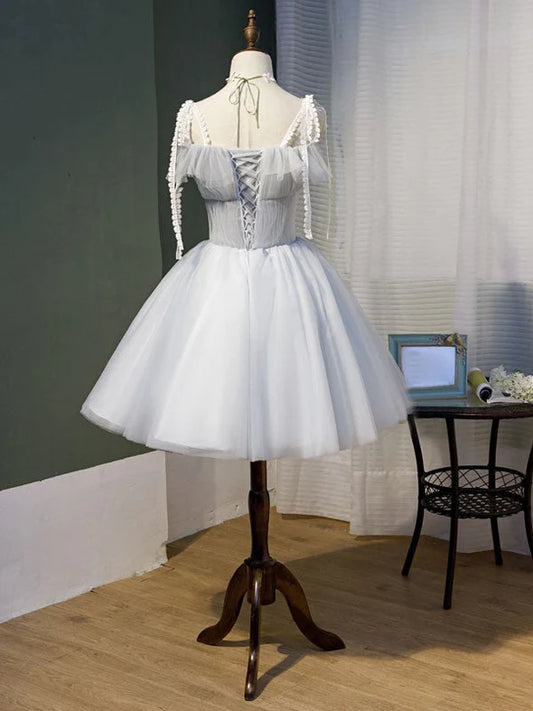 Elegant Strappy Tulle A-Line Short Grey Homecoming Party Dress.