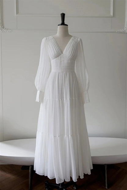Elegant Tiered A-Line V-Neck Long Puffed Sleeves Open Back Maxi-Length White Chiffon Evening Dresses