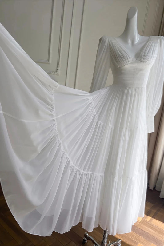Elegant Tiered A-Line V-Neck Long Puffed Sleeves Open Back Maxi-Length White Chiffon Evening Dresses