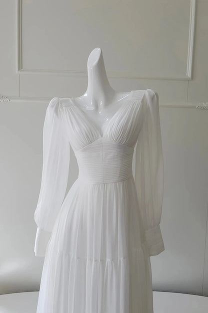 Elegant Tiered A-Line V-Neck Long Puffed Sleeves Open Back Maxi-Length White Chiffon Evening Dresses